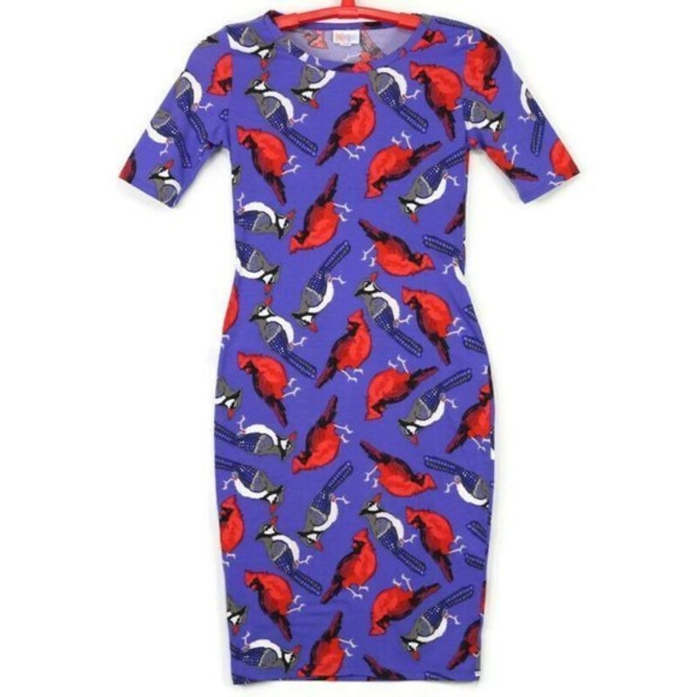 LuLaRoe Julia Sheath Pencil Dress Purple Red Cardinal Blue‎ Jay Birds XXS